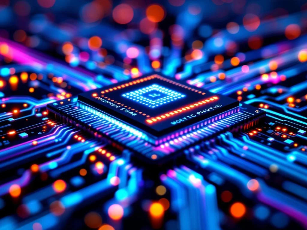 Photonic chip with glowing blue and violet light beams flowing through microscopic circuit pathways on silicon substrate