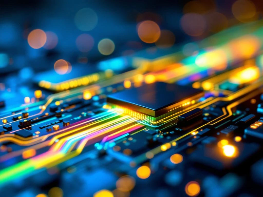 Photonic chip with multicolored light beams flowing through silicon waveguides and geometric circuit patterns