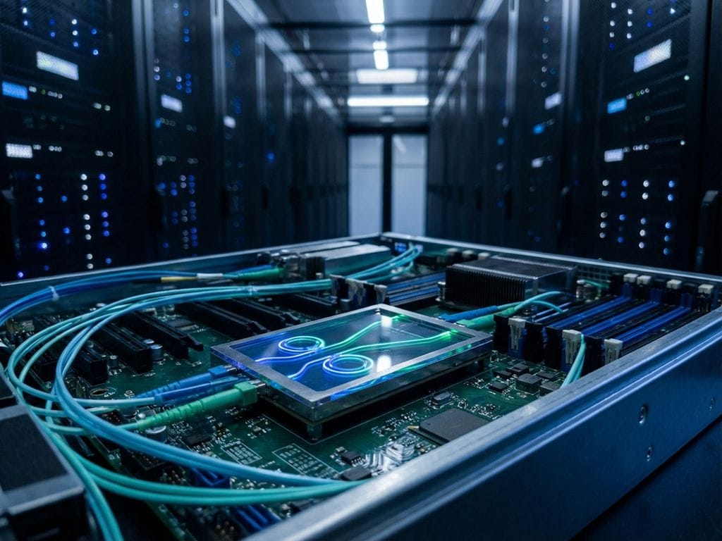 Photonic chip with glowing blue and green light pathways on server motherboard in modern data center with fiber optic cables