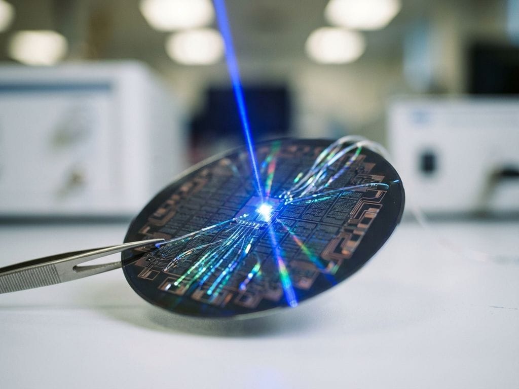 Silicon wafer with electronic circuits held by tweezers on lab bench, illuminated by blue laser light showing photonic pathways