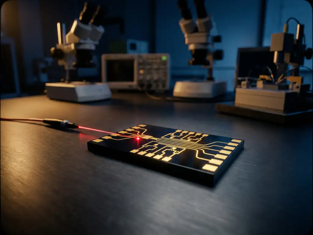 Photonic chip with golden circuit patterns on laboratory bench, red laser beam targeting specific circuit node creating bright vulnerability point