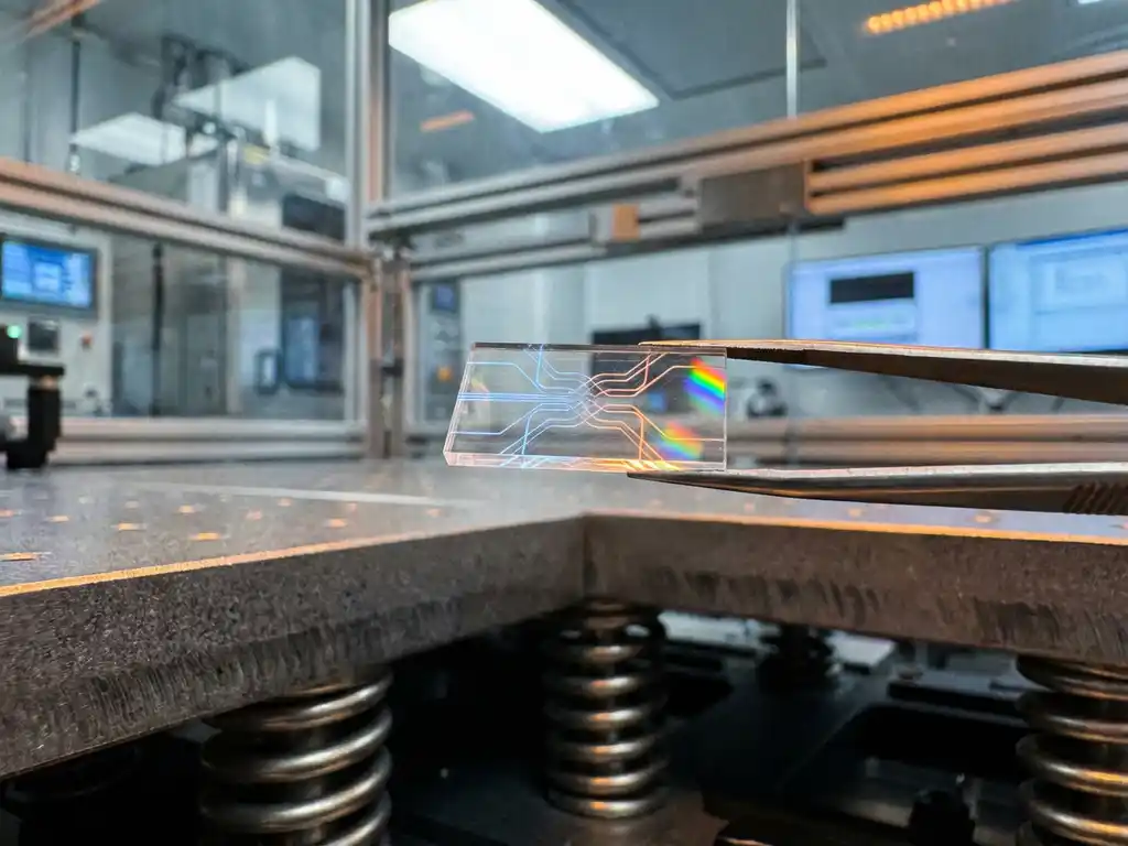 Photonic chip held by precision tweezers above vibration isolation table, rainbow refractions on crystalline surface with glowing light pathways